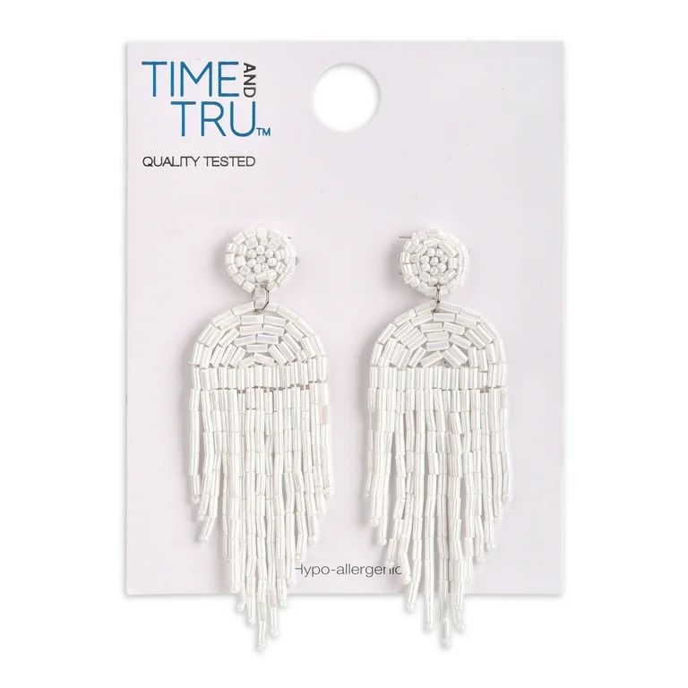 Time and Tru Female Adult Gold-Tone White Fringe Seedbead Drop Earring | Walmart (US)