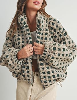 Esmeling Women’s Long Sleeve Cropped Sherpa Fleece Plaid Jacket Casual Chunky Teddy Fleece Oute... | Amazon (US)