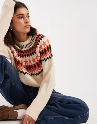 Threadbare high neck fairisle sweater in cream | ASOS (Global)