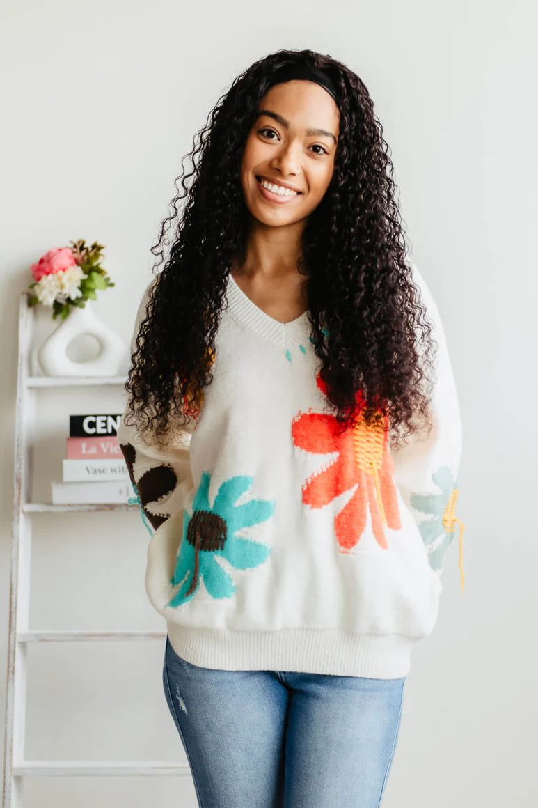 POL V-Neck Multi Flower Sweater for Women in Ivory | Glik's