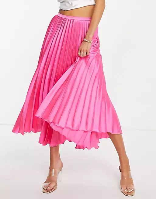 ASOS DESIGN satin pleated midi skirt in hot pink | ASOS (Global)