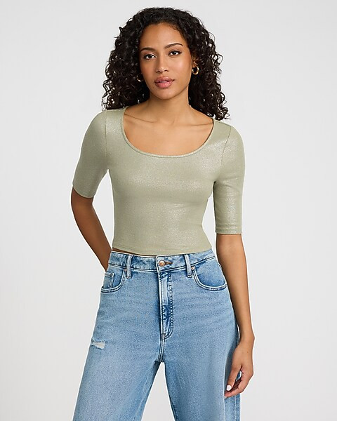 Fitted Ribbed Shine Scoop Neck Elbow Sleeve Tee | Express