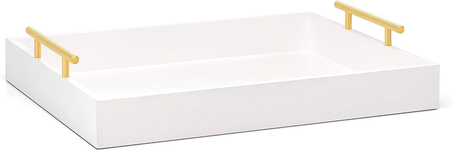 Esther Decorative Coffee Table Tray – White Wood Serving Tray for Ottoman, Polished Gold/Silver... | Amazon (US)