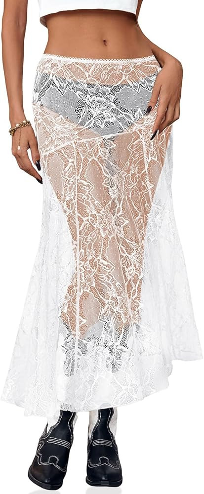 Cicy Bell Womens Summer Lace Maxi Skirt Elastic Waist See-Through Asymmetric Hem Beach Cover Up L... | Amazon (US)