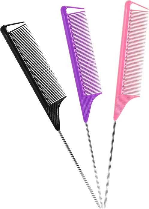 Rat Tail Combs Set: 3Pcs Long Steel Pin Teasing Combs for Salon Hair Stylists, Metal Parting Comb... | Amazon (US)
