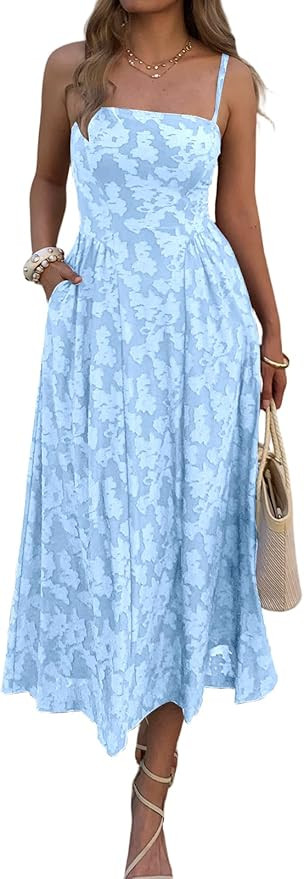 Women's Boho Summer Maxi Dress with Pockets Casual Floral Spaghetti Strap Flowy Long Dresses Beac... | Amazon (US)