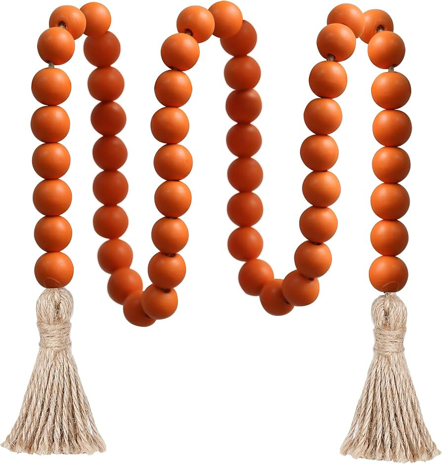 Meplait 39in Wood Bead Garland, Farmhouse Beads with Tassels, Orange | Amazon (US)