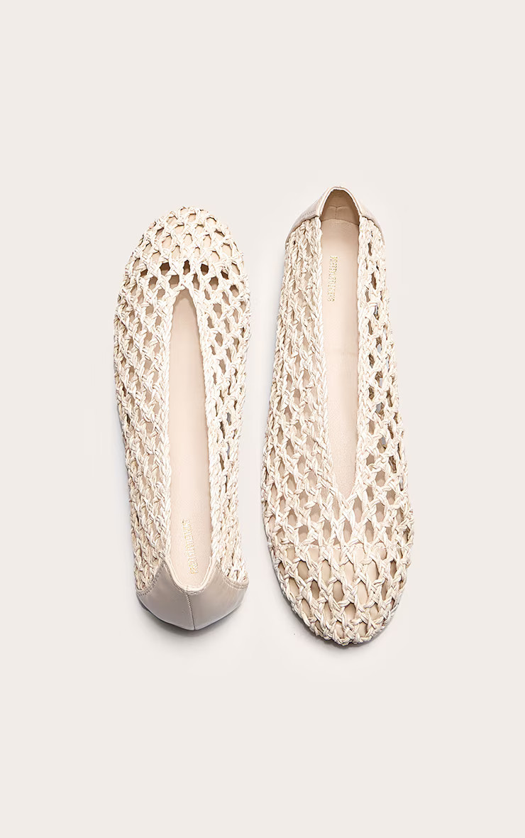 Cream Pu Round Toe Woven Ballet Flats | PrettyLittleThing UK