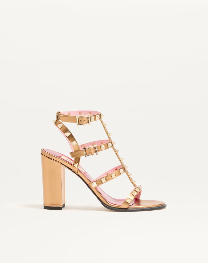Valentino Garavani Rockstud Laminated Calfskin Sandal With Straps 90Mm Wo | Valentino