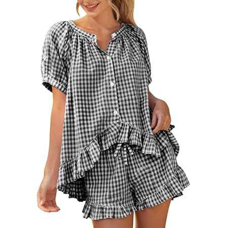 Flygo Womens Gingham Pajamas Set 2 Piece Cotton Pj Lounge Sets Puff Sleeve Ruffle Babydoll Shirt ... | Amazon (US)