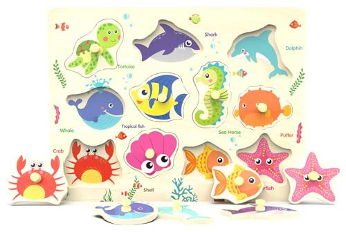 Wooden Peg Puzzle, Sea Creature Chunky Baby Puzzles, Colorful Wood Shape Puzzle Peg Board, Animal Knob Puzzle for Educational Toddlers 18 Months and Up, 11 Pieces | Amazon (US)