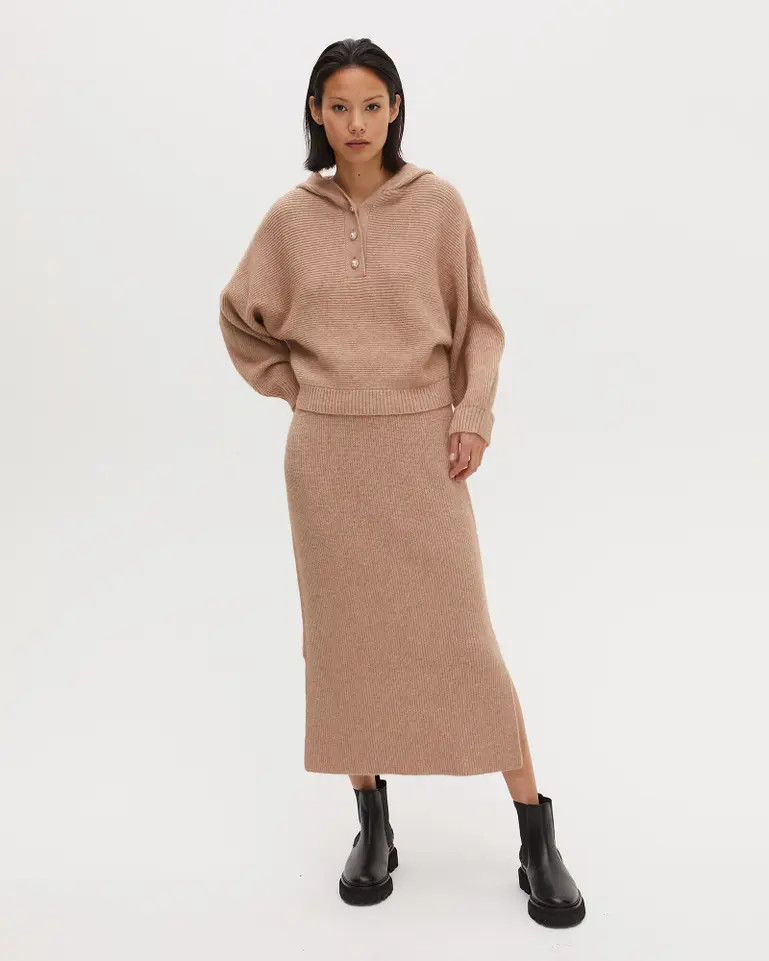 Ribbed Camel Brown Knitted Midi Skirt | Oliver Bonas IE | Oliver Bonas (Global)