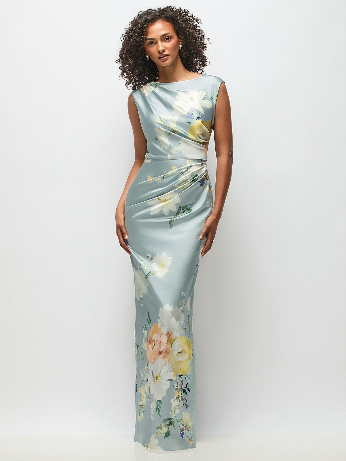 High Neck Cap Shoulder Painterly Floral Stretch Satin Column Maxi Dress in Mist Multi | Dessy Group