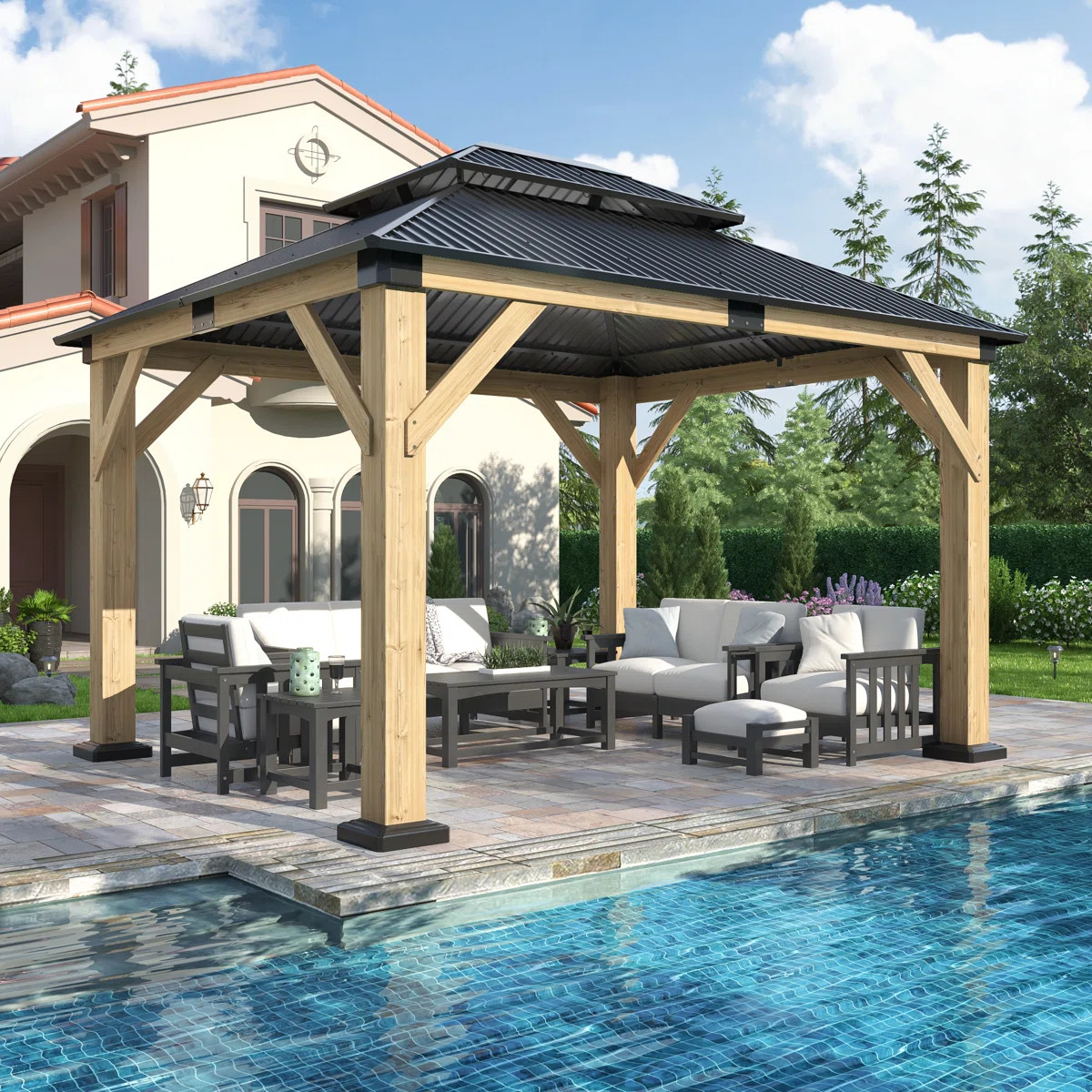 12 ft. W x 10 ft. D Outdoor Cedar Wood Gazebo with Galvanized Steel Double Roof | Wayfair North America