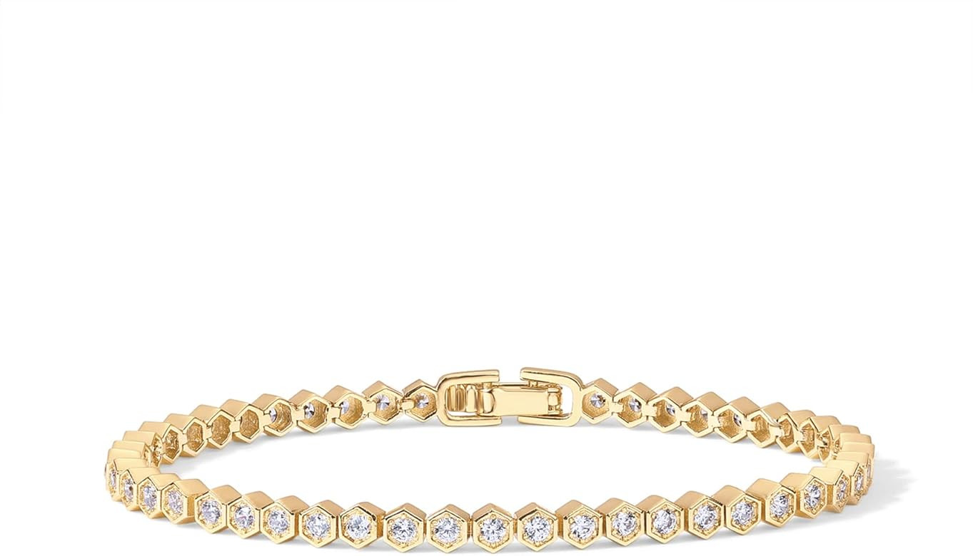 PAVOI 14K Gold Plated 2mm Cubic Zirconia Honeycomb Tennis Bracelet | Gold Bracelet for Women | Si... | Amazon (US)