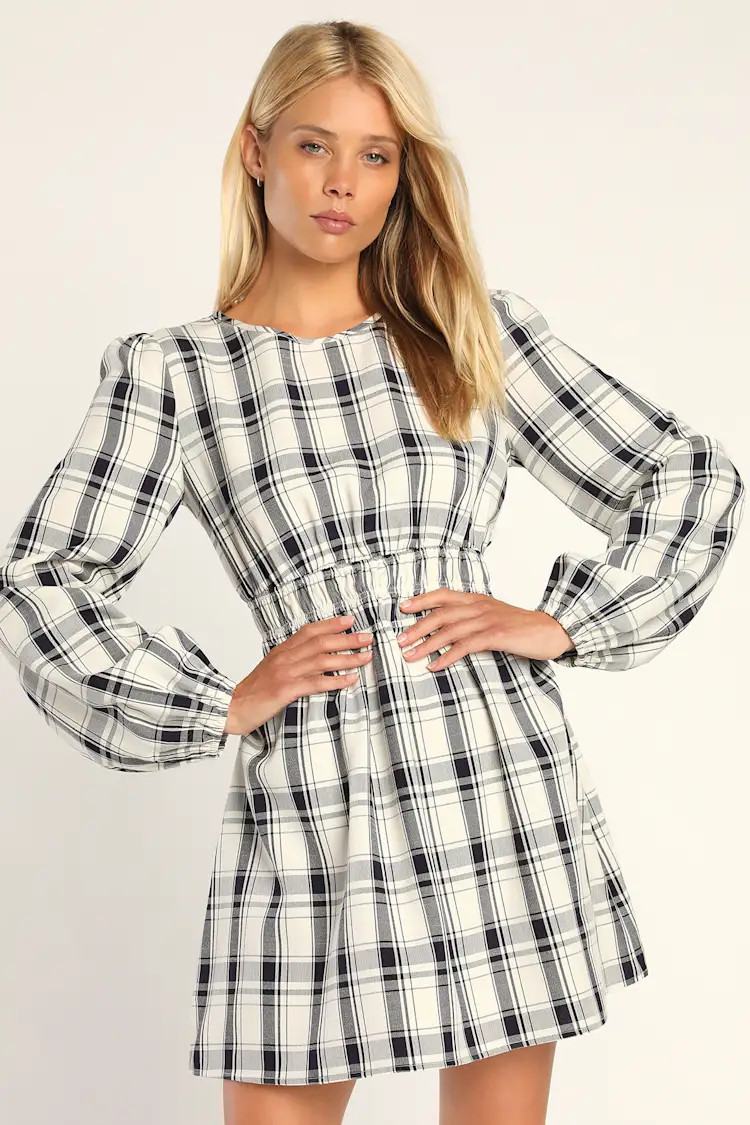 Tad of Plaid Ivory Plaid Balloon Sleeve Mini Dress | Lulus (US)