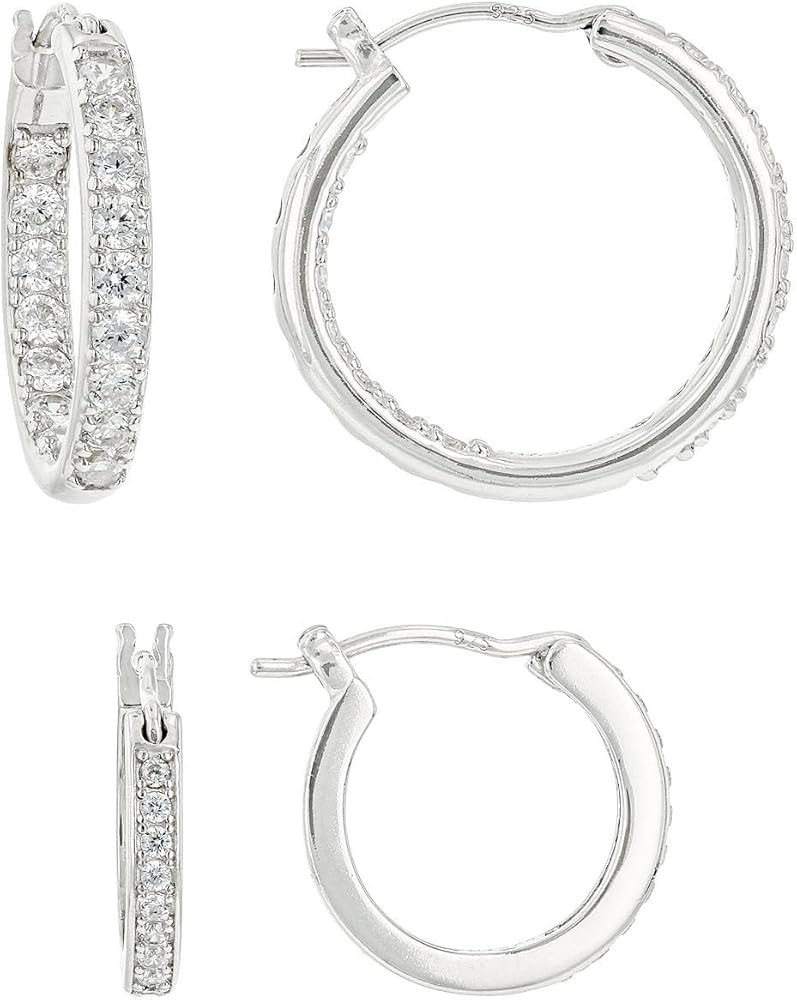 JTV Sterling Silver Hoop Earrings Set for Women - Platinum- or Yellow Gold-Plated Cubic Zirconia ... | Amazon (US)