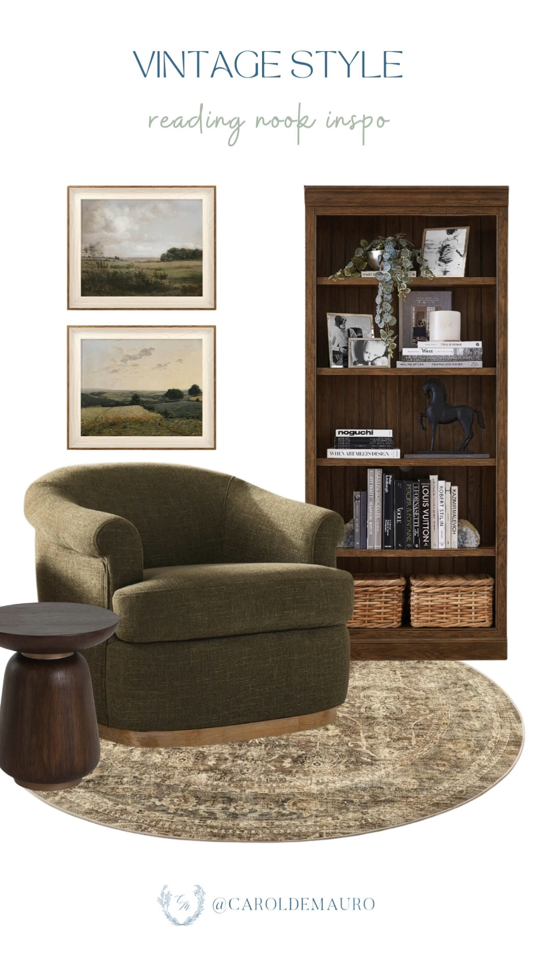 vintage style, reading nook, reading corner, mini library, bookcase, wooden pedestal table, round rug, wall art, cozy chair, bookworm, home styling, traditional home, interior design, pottery barn, amazon home

#LTKHome