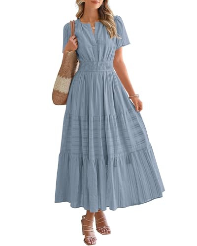 BTFBM Womens Summer 2025 Casual Midi Maxi Dresses Lightweight Short Sleeve V Neck Elastic Waist Boho Beach Dress Pockets(Blue Grey, Small) | Amazon (US)