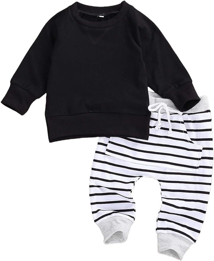 Toddler Baby Boy Clothes 2pcs Fall Outfits Long Sleeve Solid Sweatshirt T-Shirt Top Striped Draws... | Amazon (US)