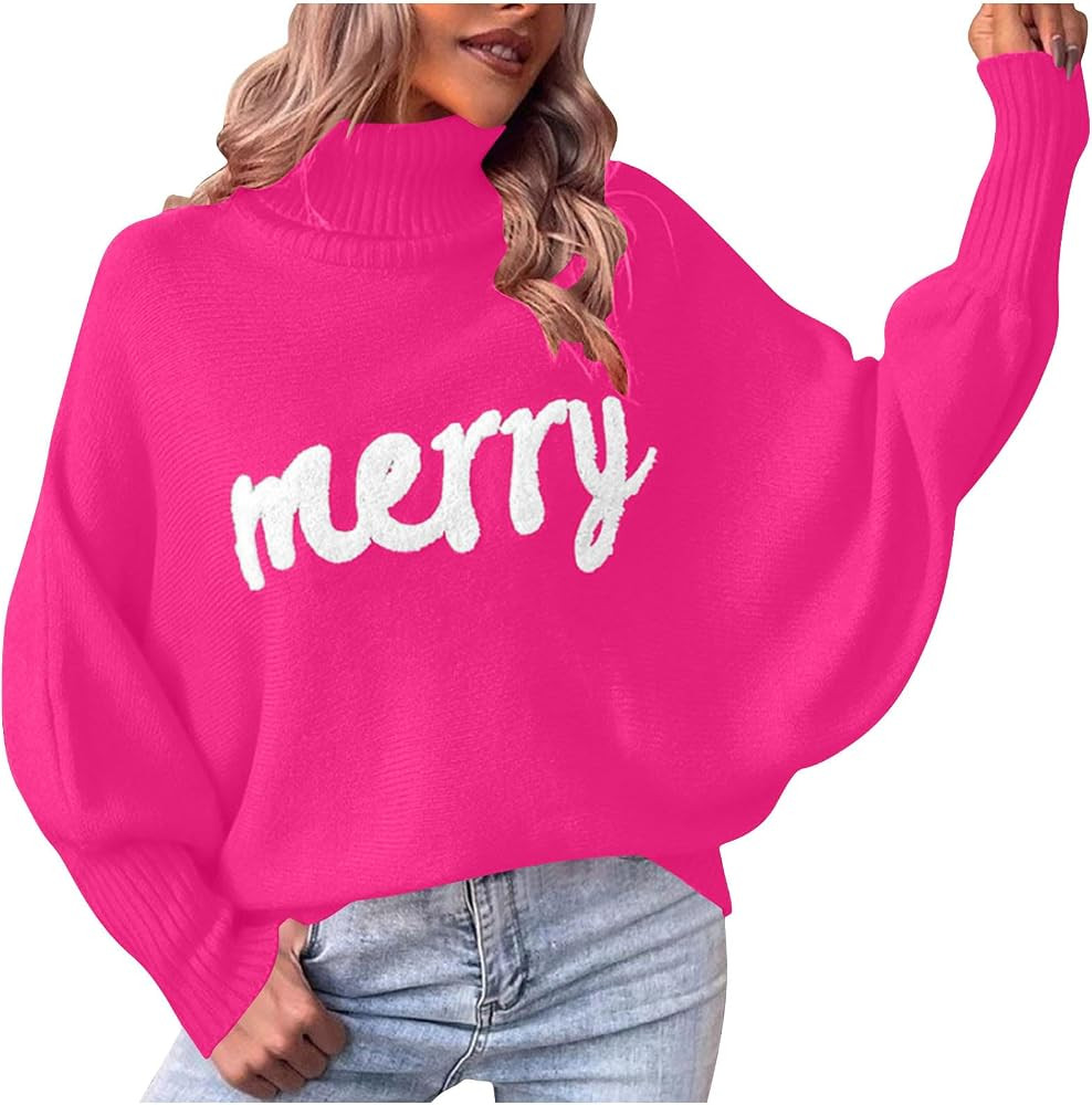 Merry Christmas Sweaters for Women Soft Knit Turtleneck Sweater 2025 Winter Xmas Holiday Party Lo... | Amazon (US)