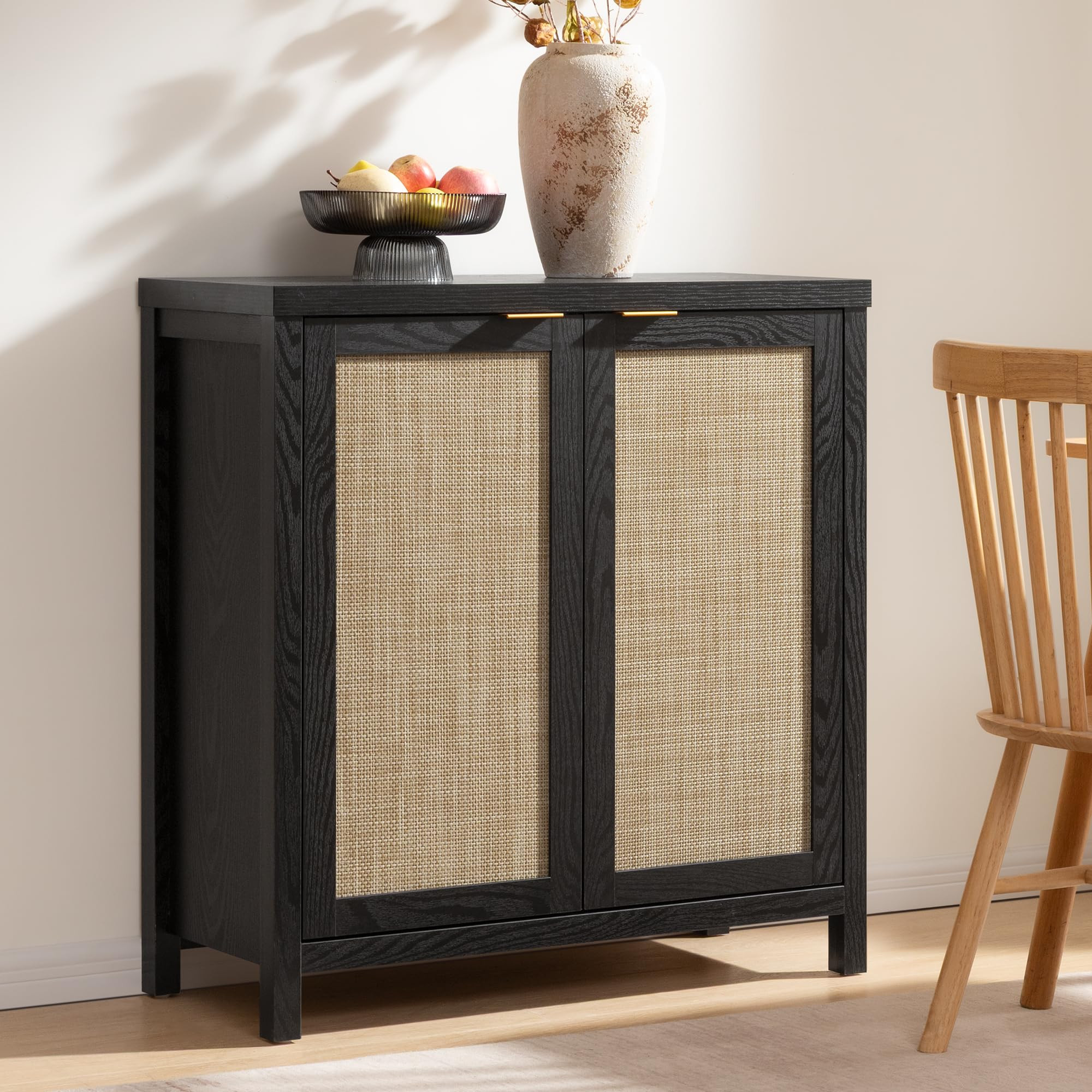 SICOTAS Black Sideboard Buffet Storage Cabinet - Boho Rattan Credenza - Large Accent Coffee Bar C... | Amazon (US)