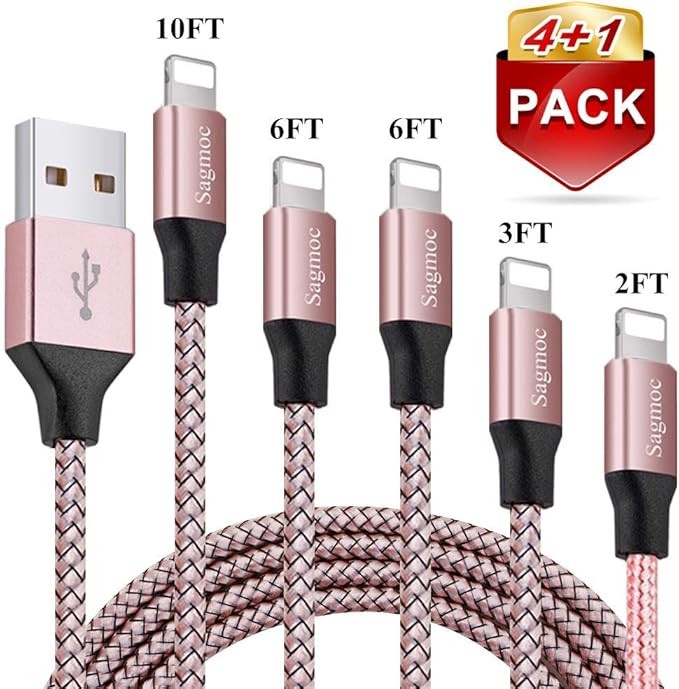 Phone Charger Cable Rose Gold - Sagmoc USB Cord with Highspeed Nylon Braided 【5 Pack】10FT 2x6... | Amazon (US)