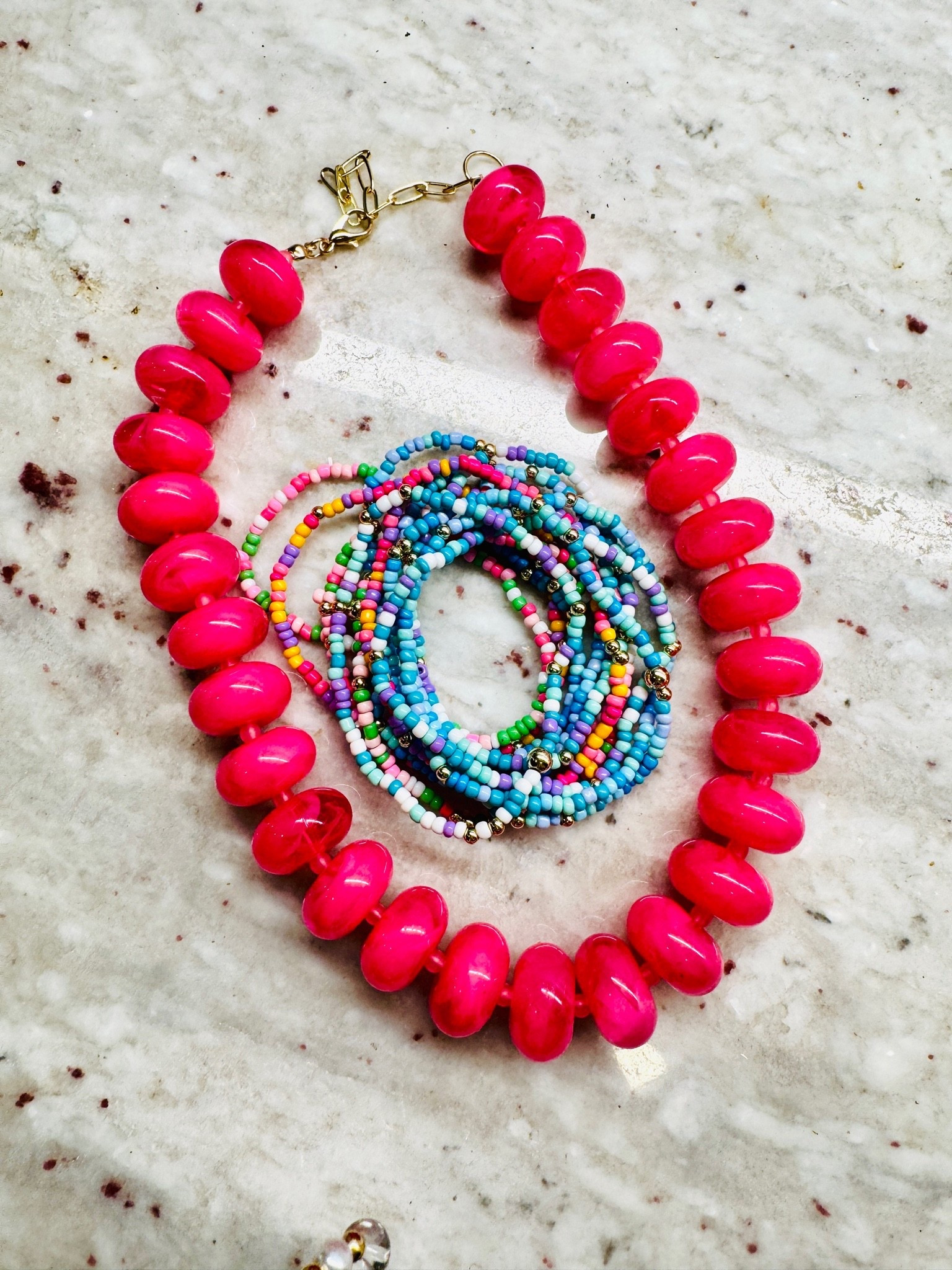 This #necklace and #braceletstack are so #summer and the amazing thing the #bracekets are only $12 you know from our favorite #erinmcdermott #sale #resinnecklace

#LTKSaleAlert #LTKootd #LTKSeasonal