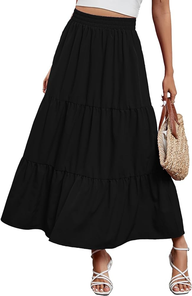 Arolina Maxi Skirt for Women Summer Boho Elastic High Waist Pleated A-Line Flowy Ruffle Swing Tie... | Amazon (CA)