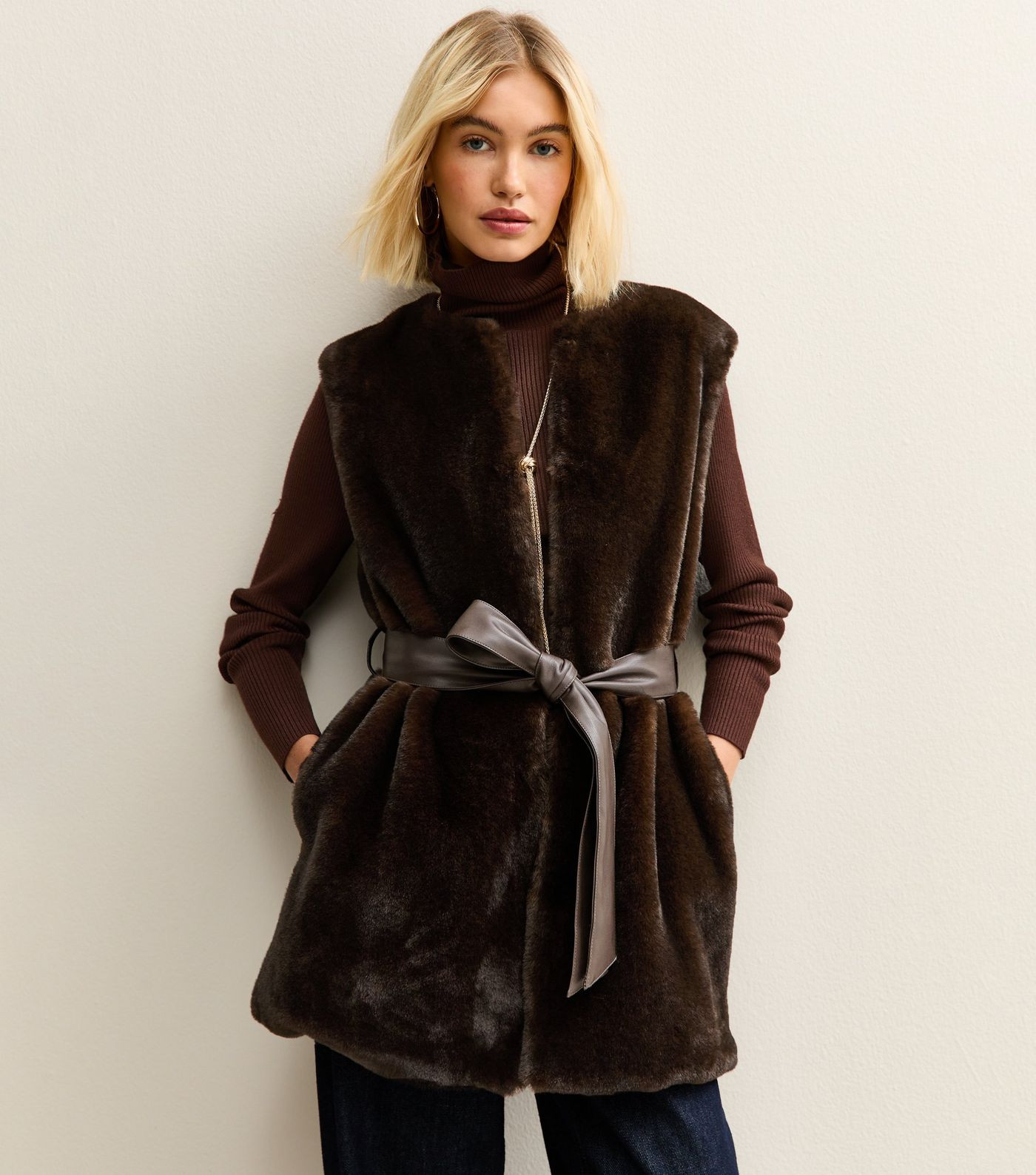 Dark Brown Faux Fur Belted Gilet | New Look | New Look (UK)