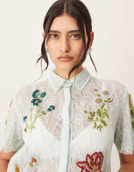 ARRANGE botanical floral embellished lace crop shirt in light blue - part of a set | ASOS (Global)