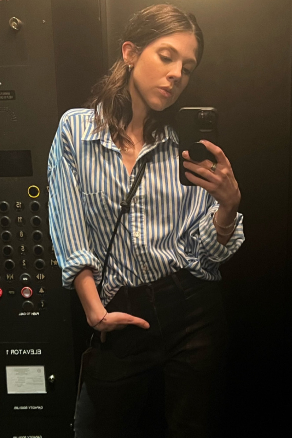 Blue and white striped button up women’s shirt • black wide leg jeans with pockets in front • 

#LTKFind