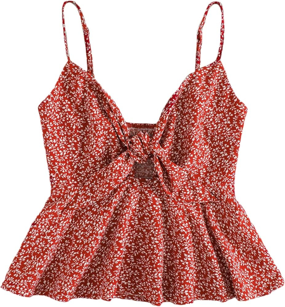 SheIn Women's Boho Sleeveless V Neck Tie Front Shirred Back Peplum Cami Tank Top | Amazon (US)