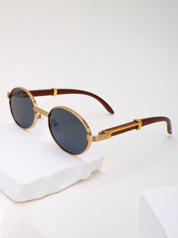 1pc Vintage Faux Wood Grain Fashion Oval Metal Frame Fashion Glasses, Versatile For Holiday Party And Daily Wear Beach Accessories For Women Glasses Shades Basics Fall Winter Women Outfits Clothes Business Casual Gifts For Summer Beach Vacation,Outdoor,Travel | SHEIN