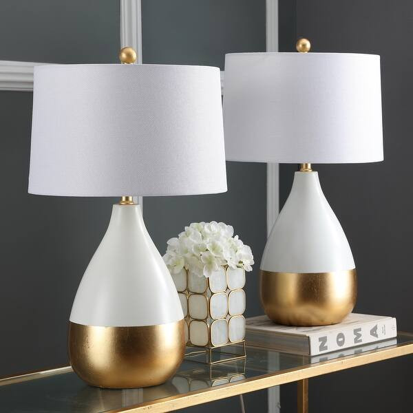 SAFAVIEH Lighting 24-inch Kingship White/ Gold Lacquer Glam LED Table Lamp (Set of 2) - 14"x14"x2... | Bed Bath & Beyond