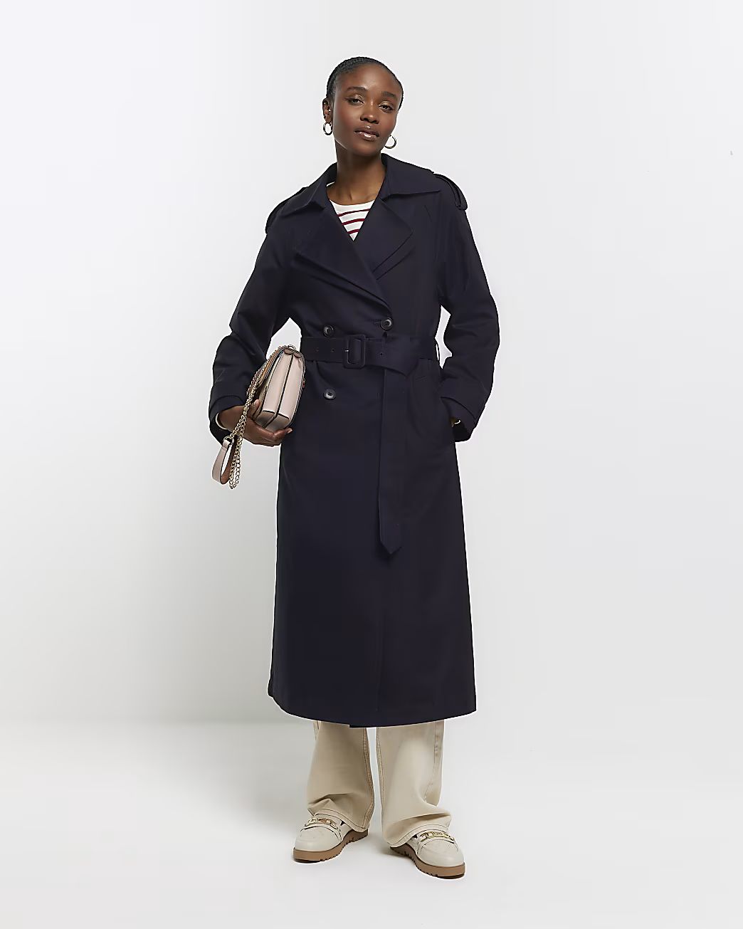 Navy double collar belted trench coat | River Island (UK & IE)