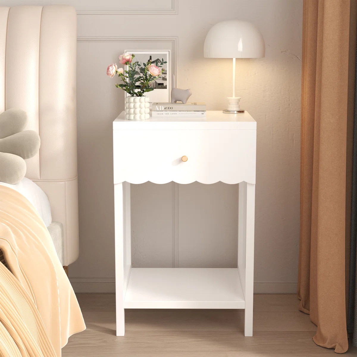 Modern Nightstand with Drawer and Open Shelf, Scalloped Edge Bedside Table for Bedroom | Wayfair North America