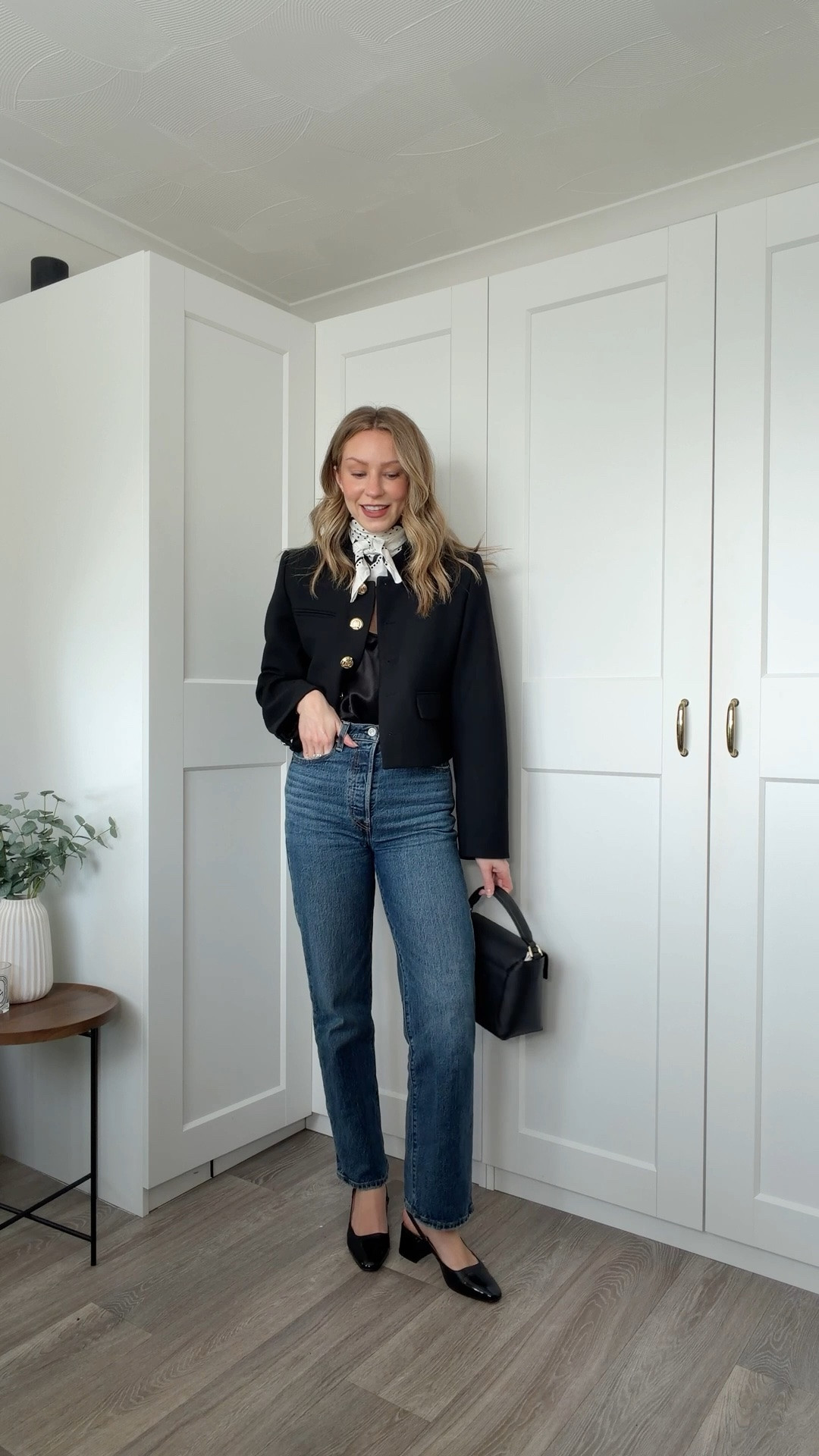 Levi’s rib cage straight jeans, ghost satin tank top, marks and Spencer’s polka dot scarf, jonak Paris block heel slingbacks, H&M button cropped jacket, strathberry mosaic bag, narciso Rodrigues pure musk for her, mejuri earrings 

Spring outfit, jeans outfit,

#LTKuk #LTKspring #LTKjeans