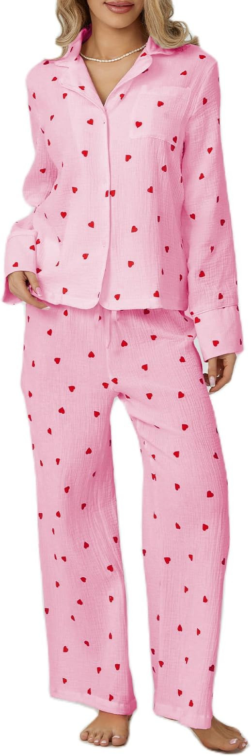 Seyurigaoka Womens Valentines Pajama Sets Cotton Pj Set Cute Heart Print Long Sleeve Button Shirt... | Amazon (US)
