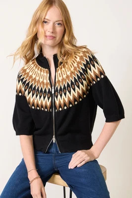 SANCTUARY Women's Fairisle Zip Up Sweater, Size Large, Poconosfairisle Black | Evereve