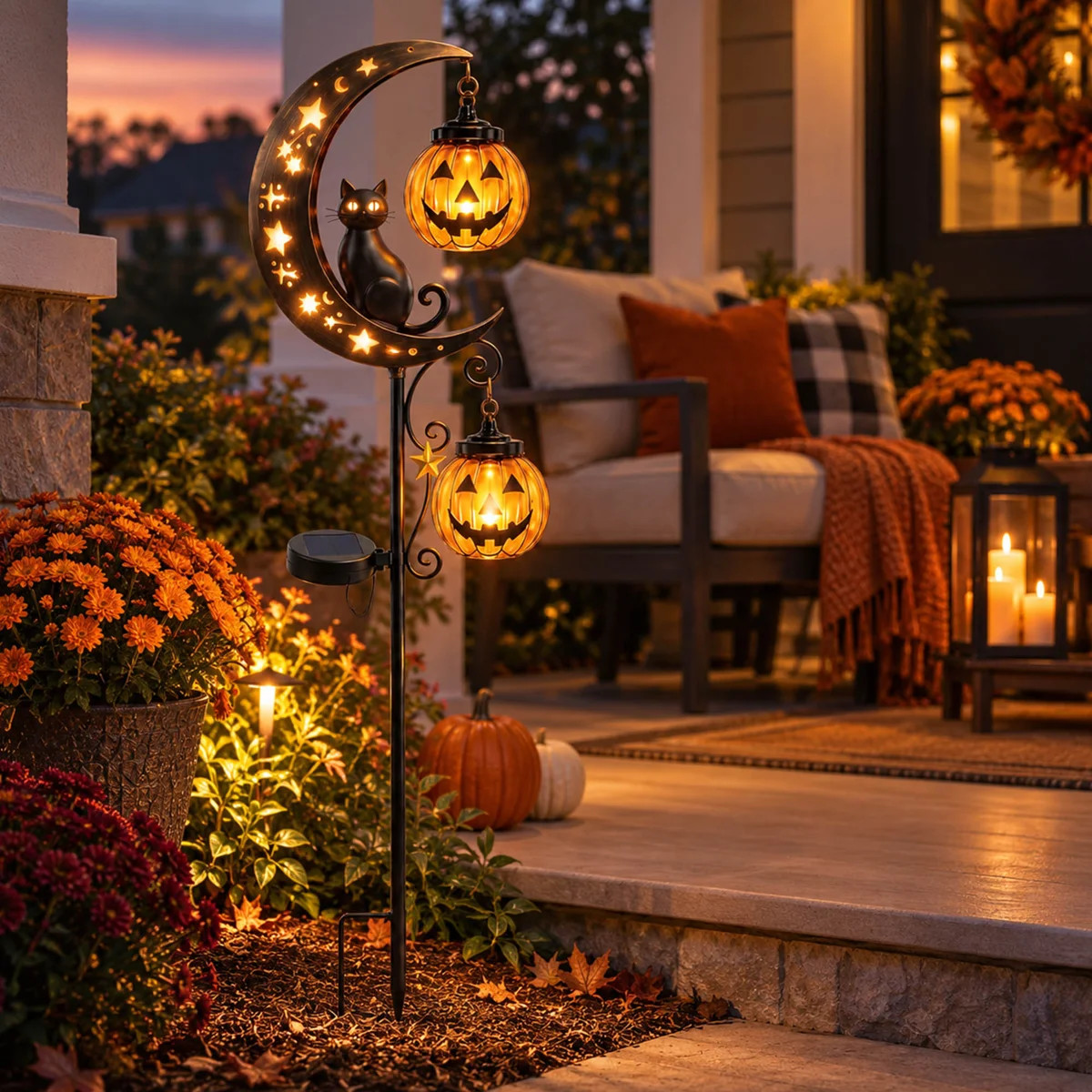 Solar Halloween Pumpkin Moon Garden Stake Light with Black Cat | Wayfair North America