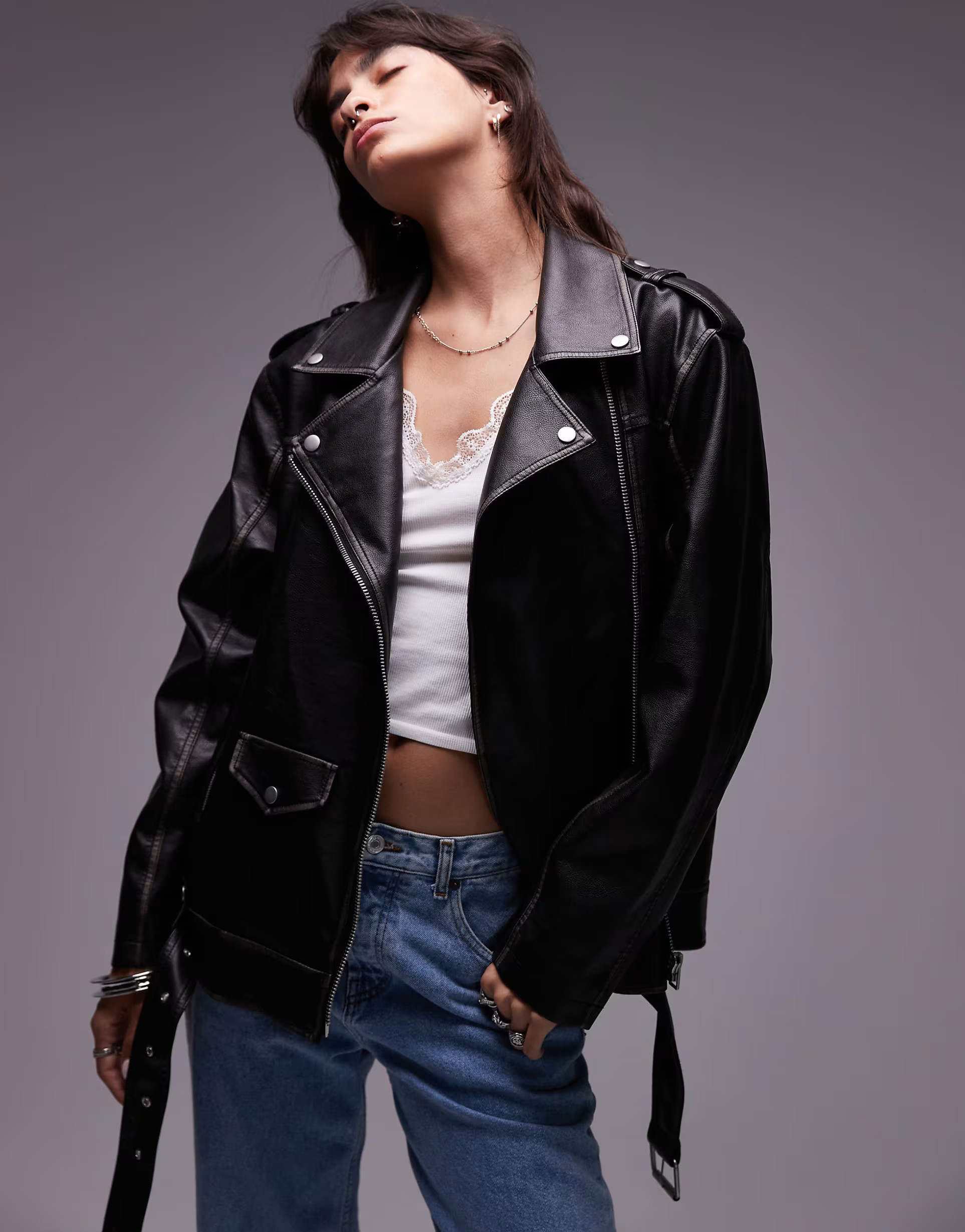 Topshop super oversized faux leather biker jacket in black | ASOS (Global)