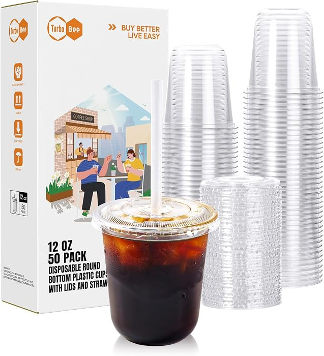 Disposable Plastic Cups with Lids and Straws, 12 OZ, 50 Pack | Amazon (US)