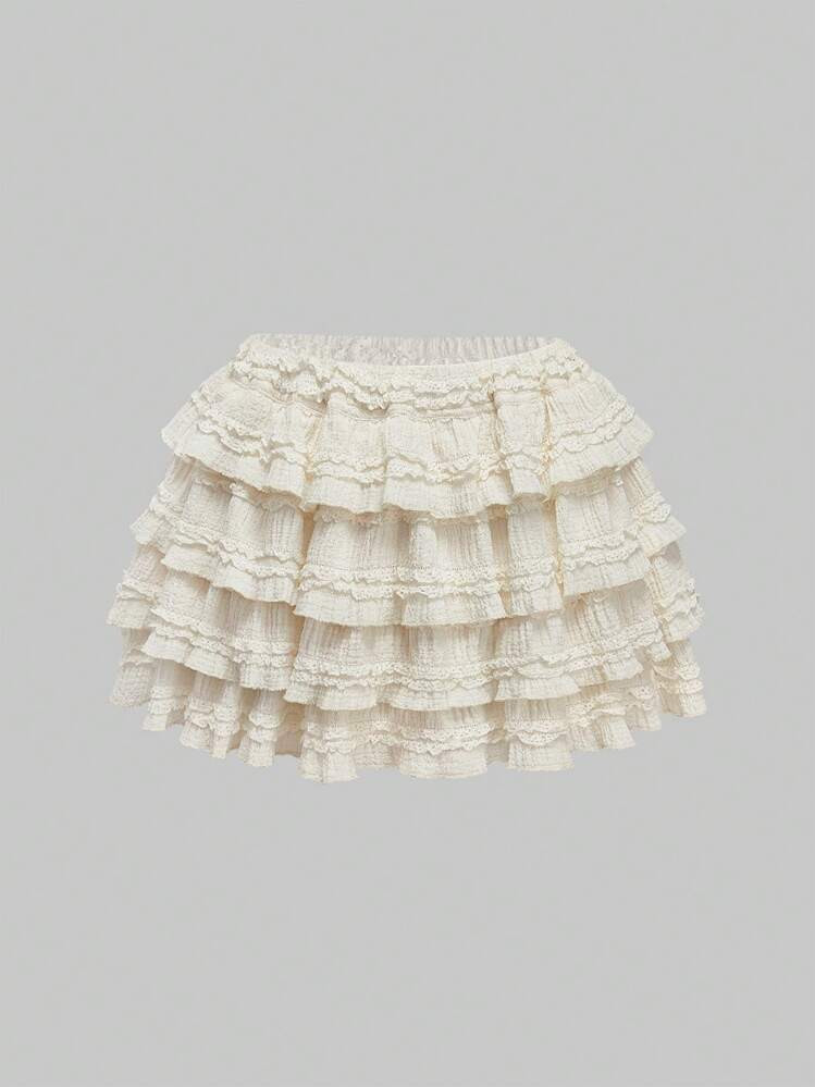 ROMWE Kawaii Minifalda Con Textura De Tela Crema Y Cintura De Volantes, Adecuada Para Múltiples Ocasiones, Verano Para Mujeres | SHEIN
