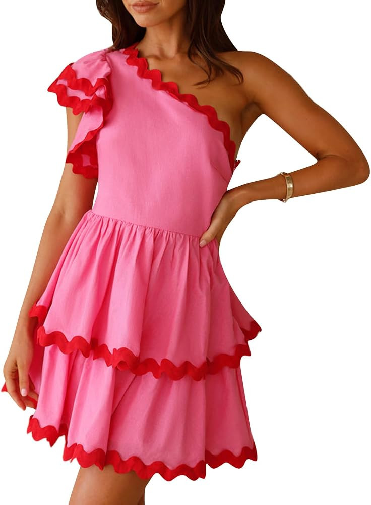 Women One Shoulder Ruffle Mini Dress Short Sleeve RIC Rac Layered Tiered Dress Elegant A-Line Swi... | Amazon (US)