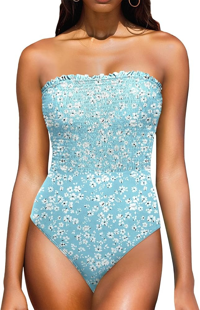 Yonique Womens Strapless One Piece Swimsuits Tummy Control Bandeau Bathing Suits Smocked Swimwe... | Amazon (US)