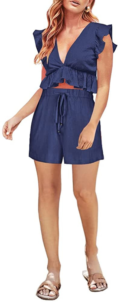 FANCYINN Womens Two Pieces Vacation Outfits Deep V Neck Ruffles Crop Top Drawstring Shorts Set | Amazon (US)