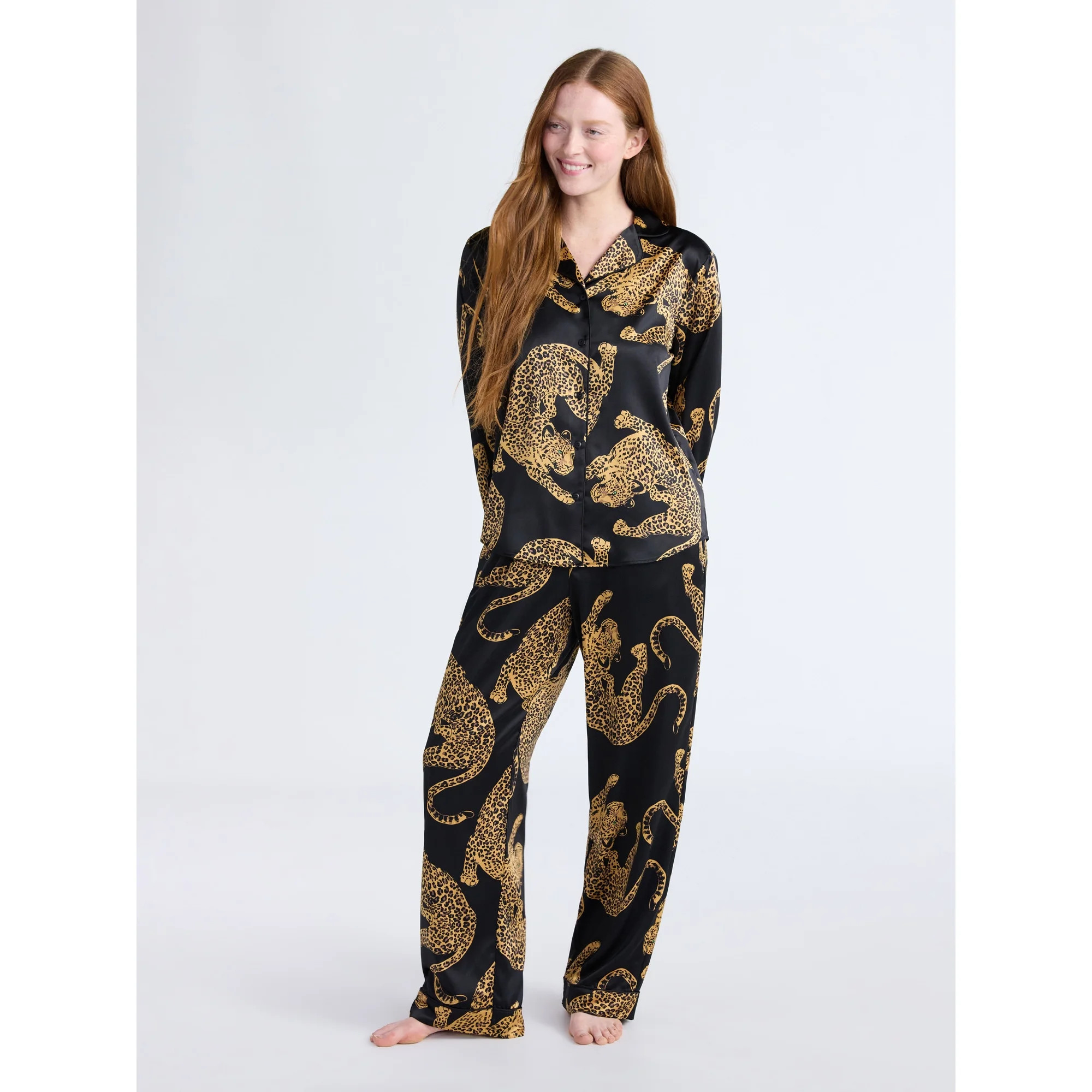 Joyspun Women’s Stretch Satin Notch Long Sleeve Top and Pants Pajama Set, 2-Piece, Sizes XS-3X | Walmart (US)