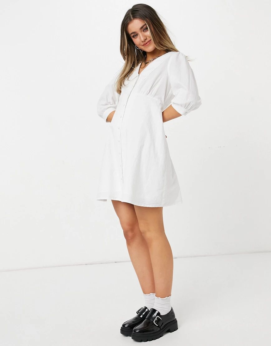 New Look poplin collar button through mini dress in white | ASOS (Global)