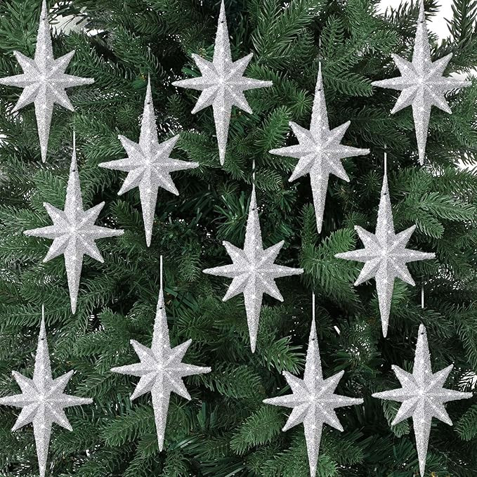 12 Pcs Christmas Silver Bethlehem Star Ornament 4.72 x 2.95 Inch Star of Bethlehem Christmas Tree... | Amazon (US)